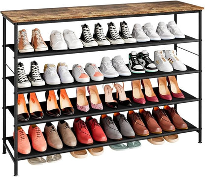 INGIORDAR Shoe Rack Organizer 5 Tier Metal Organizer Shelf with Industrial MDF Board and Layer Fabric for Entryway Closet Bedroom Living Room Garage (Black+Rustic Brown, 5 Tier(47.2" W))