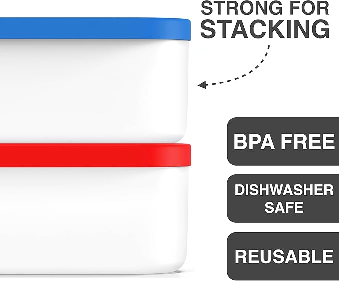 Ice Cream Containers - 2 Quart Ea. (Set of 2) - Premium Reusable Freezer Storage for Homemade Ice Cream Tub for Sorbet, Frozen Yogurt - Flexible Silicone Lids, Long Scoop, Stackable - Blue & Red