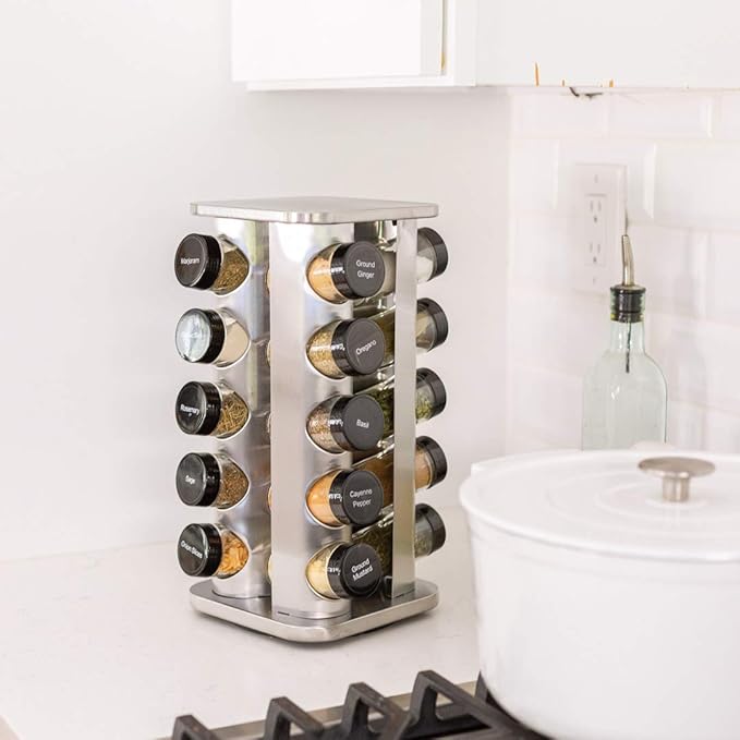 Orii 20 Jar Rotating Spice Rack with Spices Included & 5-Year Free Spice Refill Program – Stainless Steel Countertop Spice Rack with 3 oz Glass Jars