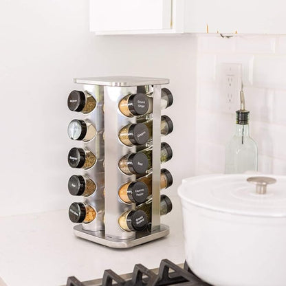 Orii 20 Jar Rotating Spice Rack with Spices Included & 5-Year Free Spice Refill Program – Stainless Steel Countertop Spice Rack with 3 oz Glass Jars
