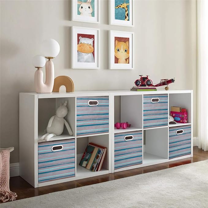 13 inch Collapsible Storage Cubes Bins Teal Stripes Fabric Storage Boxes Foldable Cube Inserts Storage Grey Printed Folding Cloth Storage Baskets Drawer Organizer ,QY-SC05-6