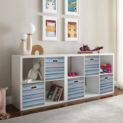 13 inch Collapsible Storage Cubes Bins Teal Stripes Fabric Storage Boxes Foldable Cube Inserts Storage Grey Printed Folding Cloth Storage Baskets Drawer Organizer ,QY-SC05-6