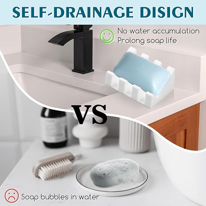 2 Pack Self Draining Silicone Soap Dish with Suction Cups - Non-Slip Bar Soap Holder for Shower & Kitchen, Waterfall Tray Keeps Soap Dry, Easy Clean, Extends Soap Life (White)