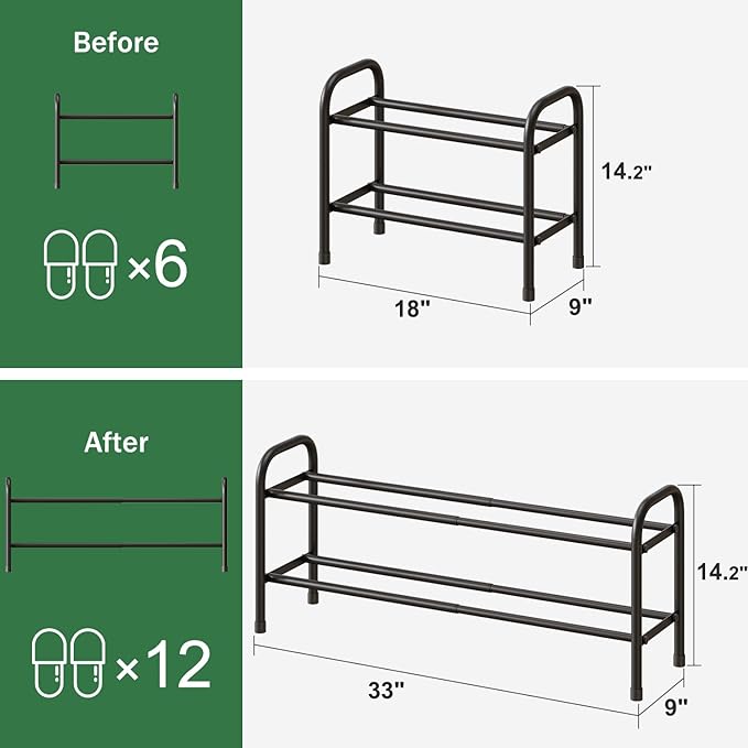 kiplant 2-Tier Shoe Rack for Closet, Expandable Metal Shoe Organizer, Adjustable Shoe Shelf Storage Organizer, Standing Shoe Rack for Entryway Closet Doorway