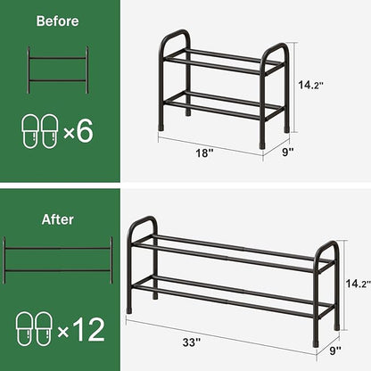 kiplant 2-Tier Shoe Rack for Closet, Expandable Metal Shoe Organizer, Adjustable Shoe Shelf Storage Organizer, Standing Shoe Rack for Entryway Closet Doorway