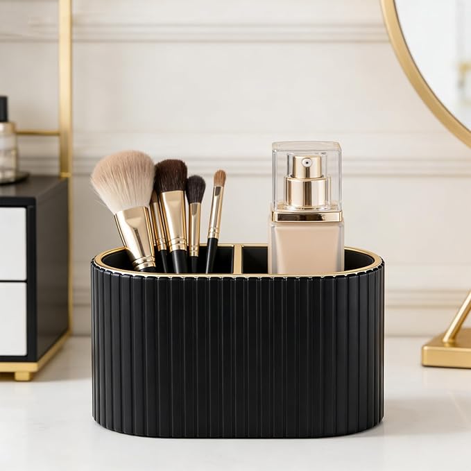 KINGFOM Makeup Brush Holder Organizer with Divider, PU Leather Vanity Brush Holder for Bathroom Countertop & Dressing Table, Cosmetic Desktop Storage Caddy for Makeup Tools Oval (Black)