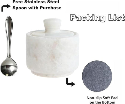 Marble Salt Cellar with Lid & Spoon White, 3-Inch Salt Jar, Kitchen Container for Spice, Marble Storage Box, Spice Jar for Counter, Easy Refill Cleaning