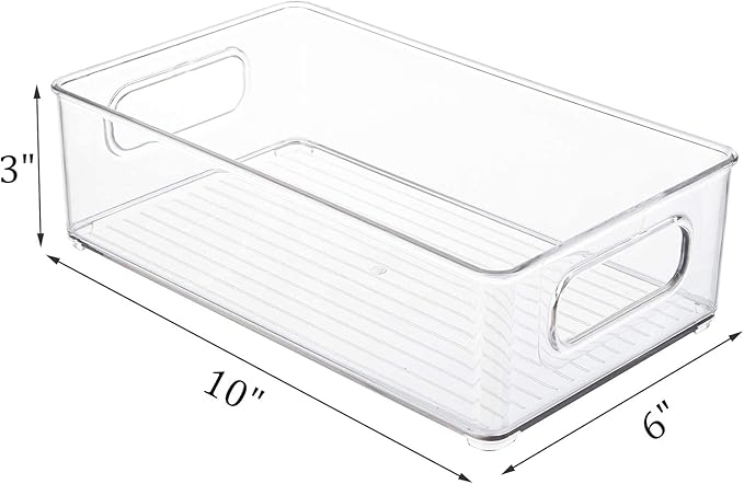 Kingrol 6 Pack Plastic Storage Bins for Pantry, Refrigerator, Countertop, Cabinet Organization, Stackable Food Storage Organizer with Handles, BPA Free, 10 x 6 x 3 Inch