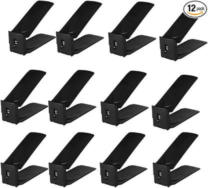 Pack of 12 Pcs Shoe Slot Organise Storage Adjustable 3-Level Height Shoe Organiser- Non-Slip Space Saver Shoe Holder- Shoe Stacker for All Shoe Styles Shoe Rack, Suitable for Women and Men, (Black)