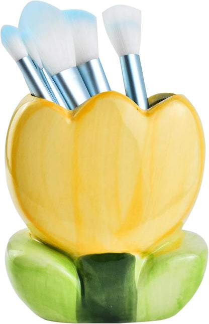 Ceramic Tulip Cosmetic Storage Box, Desktop Organizers Make Up Brush Storage Stand Desktop Storage Box for Brush,Pencil,Art Supplies, Painting Brush (Yellow)