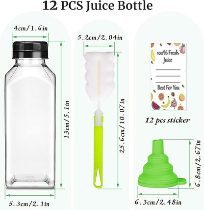 Leaflai Plastic Juice Bottles with Caps 12 pcs- 8oz Reusable Juice Containers with Tamper Proof Lids Black- Clear Juice Bottles for Juicing Milk Smoothie Drinking and Other Beverages Christmas Gifts