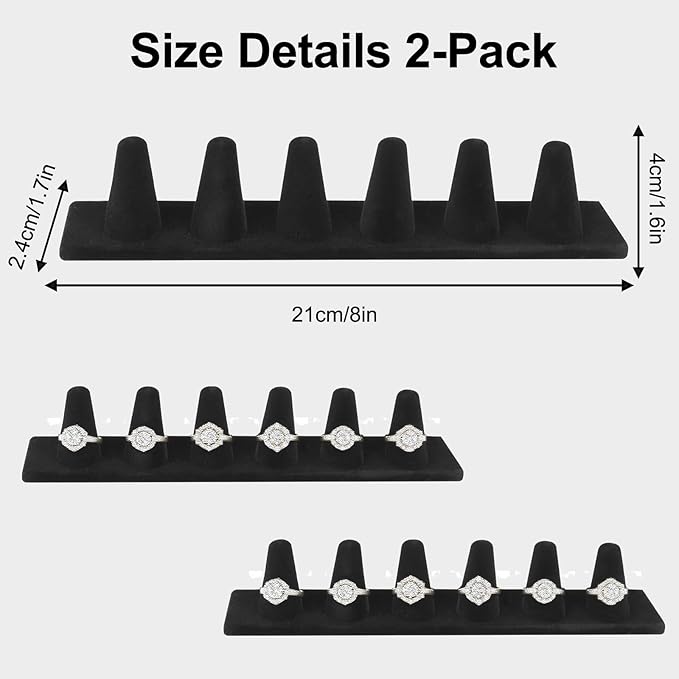 Black Velvet Ring Display Stand, 2 Pcs Jewelry Organizer with 6 Slots for Large Rings – Velvet Jewelry Display Tray for Stores, Showcase & Vanity