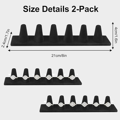 Black Velvet Ring Display Stand, 2 Pcs Jewelry Organizer with 6 Slots for Large Rings – Velvet Jewelry Display Tray for Stores, Showcase & Vanity