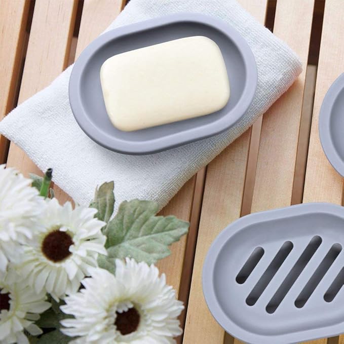 Soap Dish with Water Drainage Design for Drying and Saving Soap, Bathroom Kitchen Sponges Holder (Grey - Oval) 2 Pack