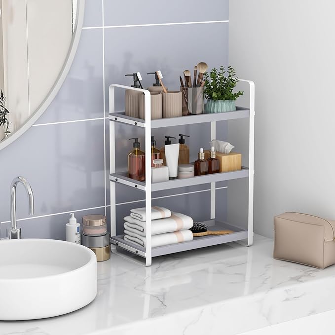 HNRLOY Bathroom Counter Organizer,Bathroom Countertop Organizer,Counter Shelf,Countertop Storage,Organization and Storage,Makeup Shelf,Sink Caddy(Grey 3 Tier)