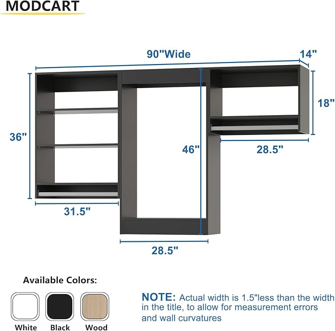 Modular Closet Structure, 90" Wide Organizer with Shelving, Wood Tower Storage for Walk-In Closets, Wall-Mounted Wardrobe Organizer Kit, Bedroom, Black