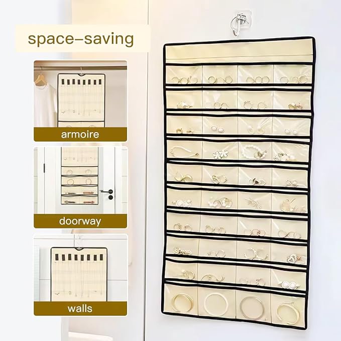 Double Sided Hanging Jewelry Organizer, 48 Pockets Clear Window Large Jewelry Hanging Organizer with Necklace Hanger, Wall/Door/Closet Stud Earring Bracelet Ring Storage