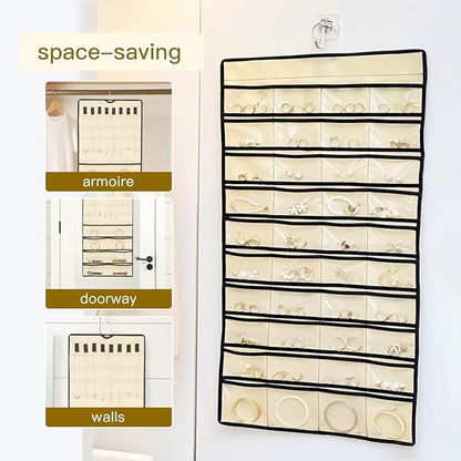 Double Sided Hanging Jewelry Organizer, 48 Pockets Clear Window Large Jewelry Hanging Organizer with Necklace Hanger, Wall/Door/Closet Stud Earring Bracelet Ring Storage
