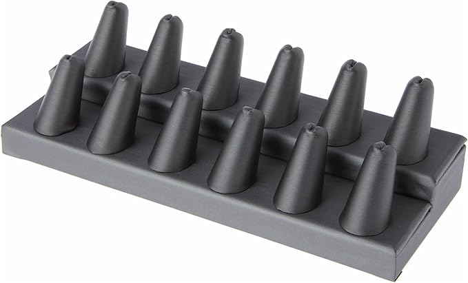 Plymor Gray Faux Leather 2-Tier Ring Finger Display, Twelve on Rectangular Base, 8.125" W x 3.25" D x 2.5" H