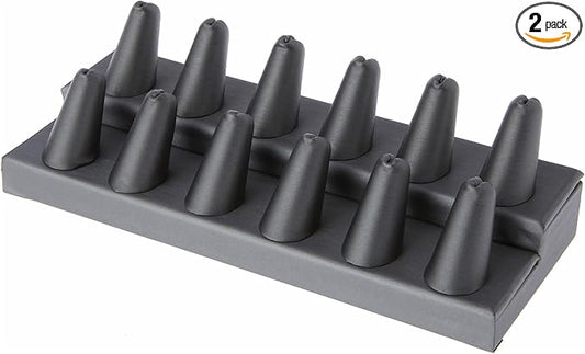 Plymor Gray Faux Leather 2-Tier Ring Finger Display, Twelve on Rectangular Base, 8.125" W x 3.25" D x 2.5" H (Pack of 2)