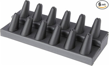 Plymor Gray Faux Leather 2-Tier Ring Finger Display, Twelve on Rectangular Base, 8.125" W x 3.25" D x 2.5" H (Pack of 6)