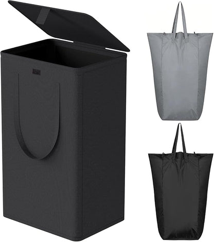WOWLIVE 100L Laundry Hamper with Lid, Large Foldbale Laundry Basket with 2 Removable Bags and Handles, Tall Collapsible Dirty Clothes Hamper for Laundry Room, Bathroom, Dorm (Black)