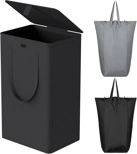 WOWLIVE 100L Laundry Hamper with Lid, Large Foldbale Laundry Basket with 2 Removable Bags and Handles, Tall Collapsible Dirty Clothes Hamper for Laundry Room, Bathroom, Dorm (Black)