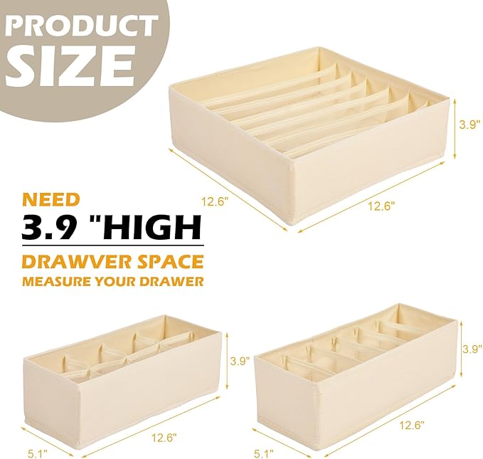 Soft Scarf Organizer for Drawer 3 Set Fabric Storage Bins with 6, 7, and 8 Compartments for Scarves and Accessories Non-damaging Flexible Storage for Home Organization (Beige)