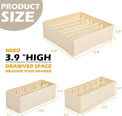 Soft Scarf Organizer for Drawer 3 Set Fabric Storage Bins with 6, 7, and 8 Compartments for Scarves and Accessories Non-damaging Flexible Storage for Home Organization (Beige)