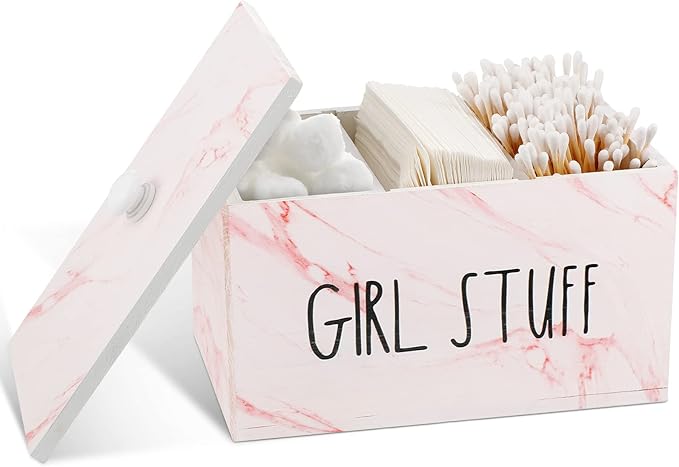 Tampon Holder for Bathroom with Movable Dividers Shark Tampon Storage Container Week with Lid Farmhouse Pad Container Box Feminine Product Organizer Girl Stuff Box for Bathroom(Pink Marble)