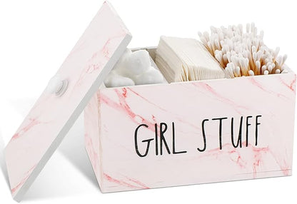 Tampon Holder for Bathroom with Movable Dividers Shark Tampon Storage Container Week with Lid Farmhouse Pad Container Box Feminine Product Organizer Girl Stuff Box for Bathroom(Pink Marble)