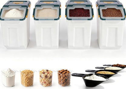 RUIAN Large Airtight Storage Container,25lb Flour Rice Storage Containers Bin with Wheels Seal Locking Lid, with Measuring Cup&Scoop for Flour, Rice, Grain (25lbt Blue,4PCS)