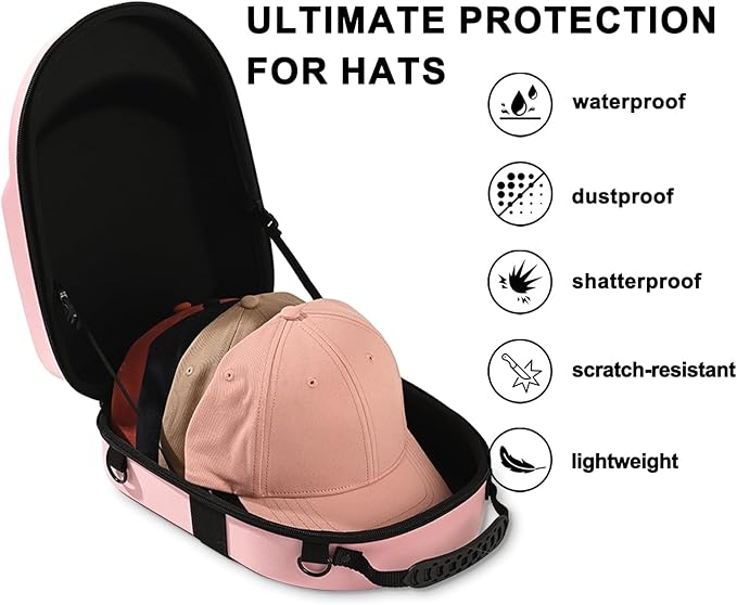 Pink Hat Travel Case with Handle and Adjustable Shoulder Strap Baseball Cap Storage Box Can Effectively Protect Your Hat and Suitable for Travel and Home Storage