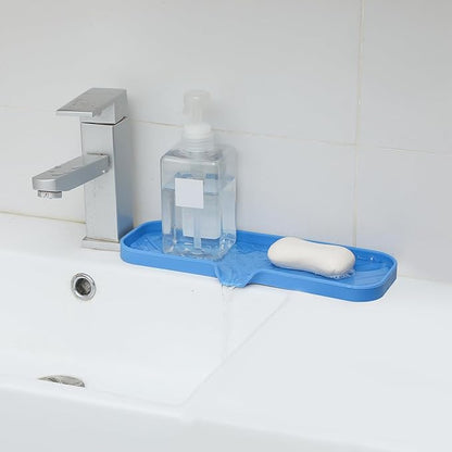 MicoYang Silicone Bathroom Soap Dishes with Drain Spout-Bathroom and Kitchen Sink Organizer,Sponge Holder,Dish Soap Tray,Perfect for Dispenser,Scrubber,Bottle,Cup on Sink or Counter-Lichen Blue 12"×4"