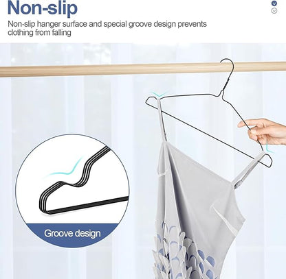 SPECILITE Wire Hangers 100 Pack, Metal Wire Clothes Hanger Bulk for Coats, Space Saving Metal Hangers 16.7 Inch Ultra Thin Non Slip with Groove, for Standard Size Suits, Shirts, Pants, Skirts-Black
