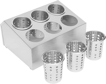 Commercial Utensil Holder, Stainless Steel Cylinder Flatware Silverware Utensil Holder Organizer Countertop Forks Spoons Knife Utensil Caddy Compact Cutlery Organizer(6 Hole)