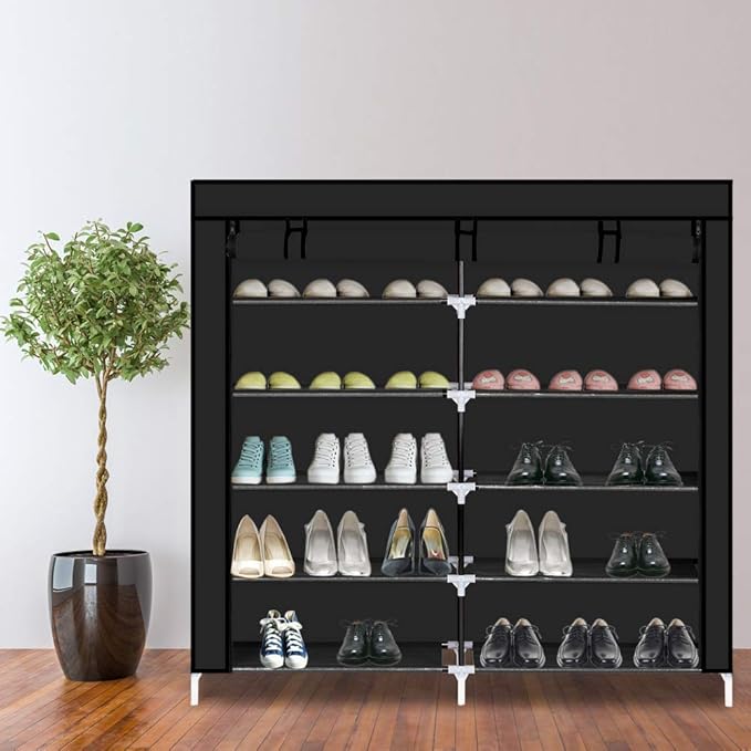 Knocbel 6 Tiers Shoe Rack Dustproof & Water-Resistant Non-Woven Fabric Closet Storage Cabinet Organizer, 44" x 11 1/8" x 43 1/4" (Black)