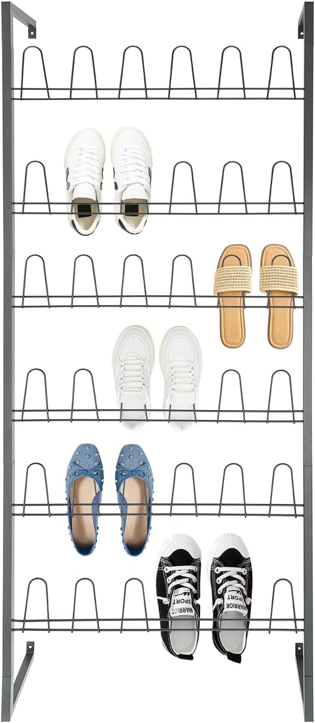 6 Tiers Metal Hanging Shoe Rack for 18 Pairs, Space-Saving Shoe Storage Shelf, Wall Mounted Shoe Organizer Tower for Entryway, Home, Retail Stores (Black)