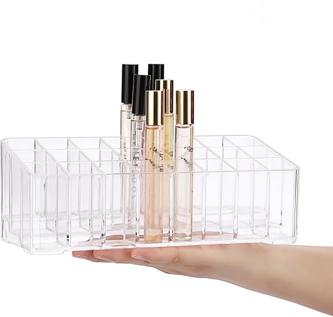 ELLDOO Rollerball Perfume Organizer, 24 Spaces Clear Acrylic Perfume Storage Holder Beauty Scent Holder, Makeup Lipgloss Lipstick Display Case