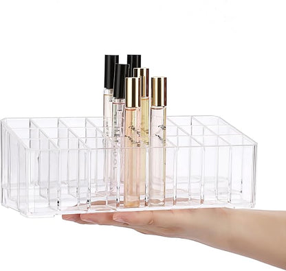 ELLDOO Rollerball Perfume Organizer, 24 Spaces Clear Acrylic Perfume Storage Holder Beauty Scent Holder, Makeup Lipgloss Lipstick Display Case