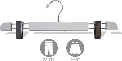 Stylish Wooden Bottoms Hanger with Low Profile and Extra Large Adjustable Clips, Hangers for Pants or Skirts with 360 Degree Chrome Swivel Hook (10, White)