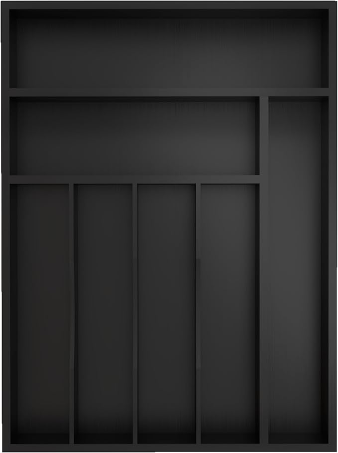 Bamboo Silverware Organizer, Kitchen Drawer Organizer, Utensil Holder, Cutlery Tray & Spoon Flatware Storage with Grooved Drawer Dividers (Black, 12.5''W x 16.5''D)