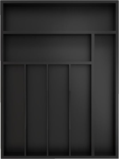 Bamboo Silverware Organizer, Kitchen Drawer Organizer, Utensil Holder, Cutlery Tray & Spoon Flatware Storage with Grooved Drawer Dividers (Black, 12.5''W x 16.5''D)