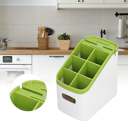 Tissting Cutlery Storage Box with Knife Rack, 6 Compartment Storage Organizer for Flatware, Forks, Knives, Spoons and Brushes, Multipurpose Tableware Rack for Kitchen Countertop(6.5x6.7x4.1in)