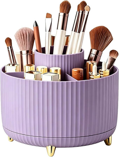 360° Rotating Makeup Brush Holder Organizer, Purple Countertop Cosmetic Display Case, Spinning Skincare Storage Carousel for Vanity, Desktop & Bathroom