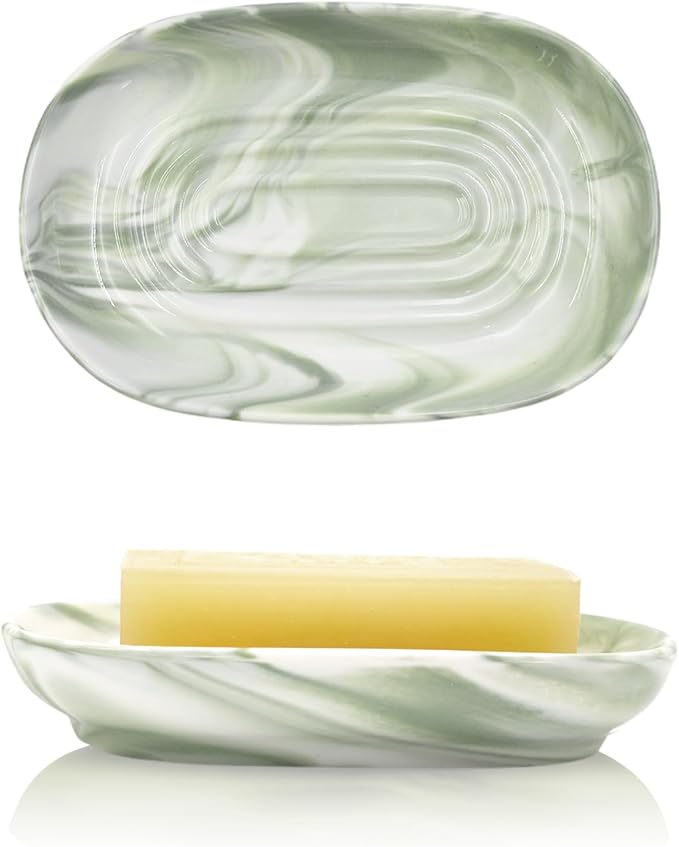 Elegant Ceramic Soap Dish for Shower with Unique Marble Texture, Decorative Bar Soap Holder for Bathroom & Kitchen, Easy Clean Versatile Oval Soap Dishes for Soap Bar