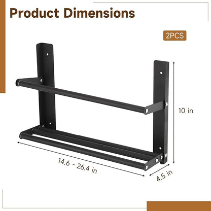 2 Pcs Wall Mounted Expandable Hanging Shoe Rack 14.6-26.4 in, Foldable Metal Space Saving Organizer with Nail-Free Stickers, No-Drill Installation, Black