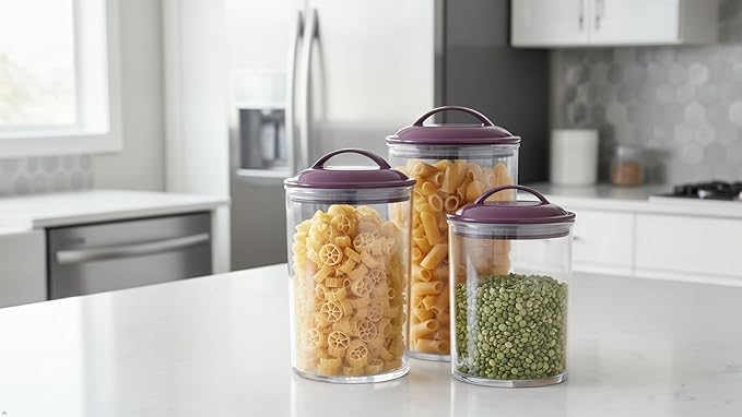 Reston Lloyd Food Storage Containers, BPA Free Airtight Canisters for Cereal, Pasta, Sugar, Coffee, Flour, Cookies, Loose Tea, for Kitchen Organization, Set of 3, Plum