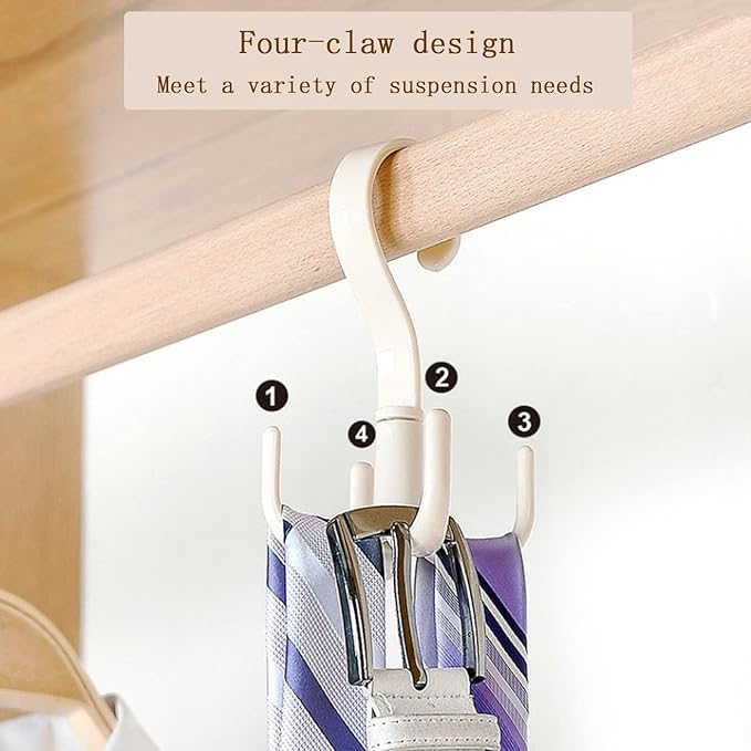 Closet Hanging Organizer 360 Degree Swivel Hooks (Pack of 3) for Hanging Belts, Ties, Bags, Purses, Scarves, Clothes and More. Easy Installation, no Drilling Required, Space Saving.