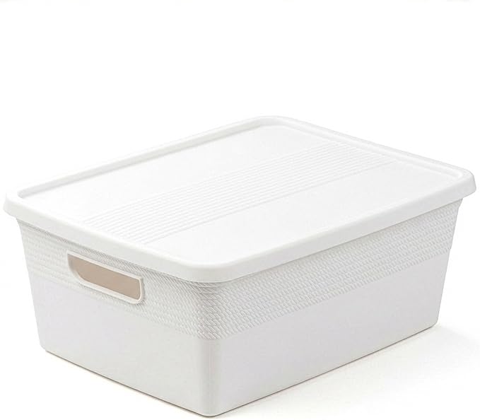 BINO | Plastic Storage Bins with Lids, 13 Liter - 3 Pack, White | THE BRAIDED COLLECTION | Plastic Bins for Organization Woven Storage Baskets for Organizing Pantry Shelf Organizer Basket Bin